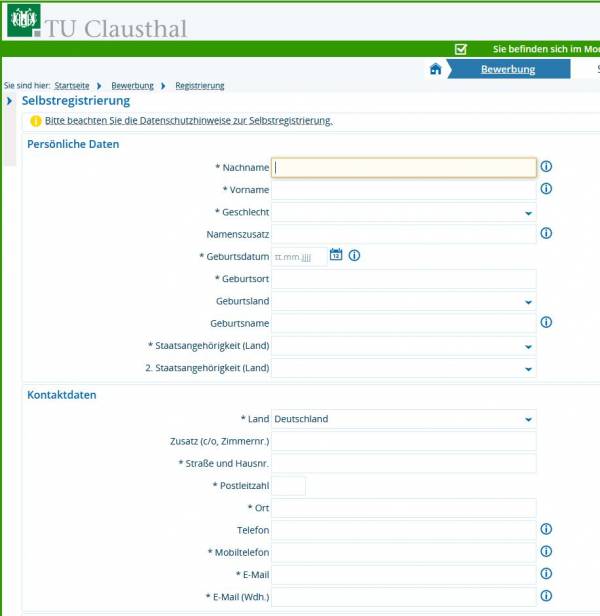 Eingabe Selbstregistrierung